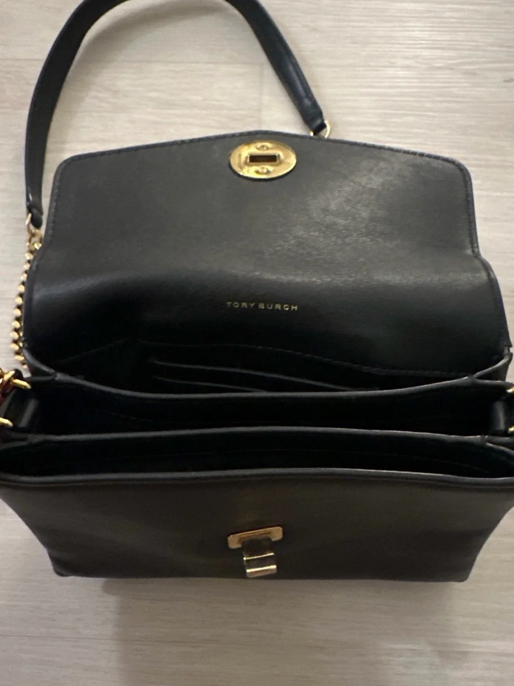 Tory Burch Black Leather Crossbody with Gold Chain Strap